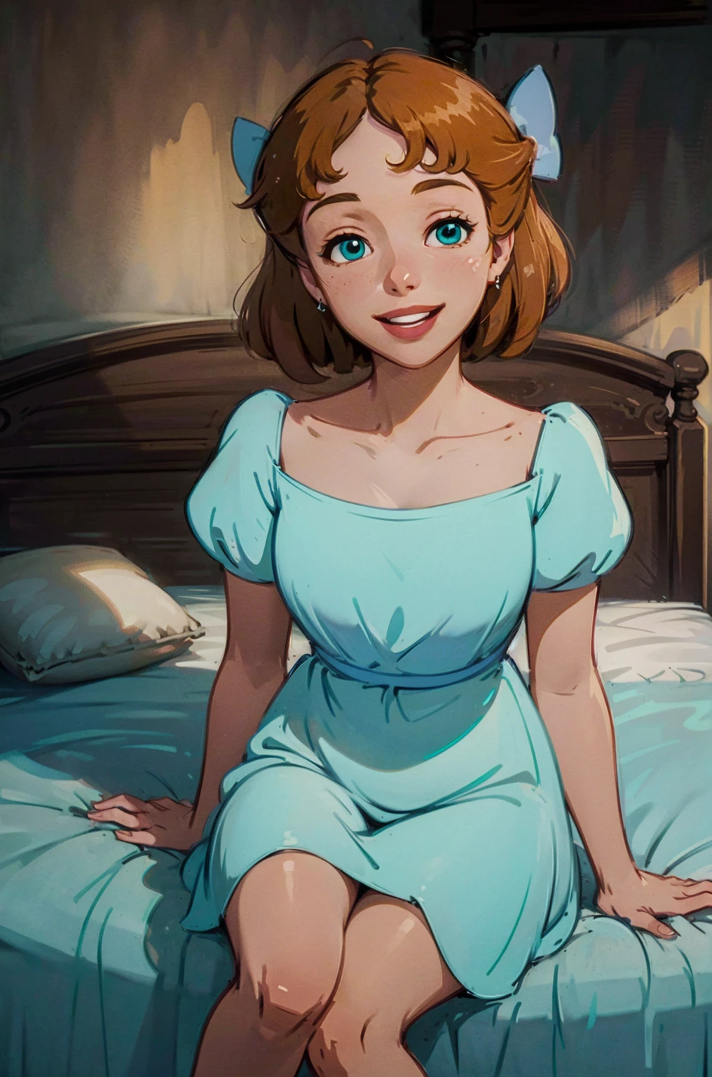 (masterpiece:1.4), (best qualit:1.4), (high resolution:1.4), wendy darling, bow, nightgown, sitting on bed, smiling, 