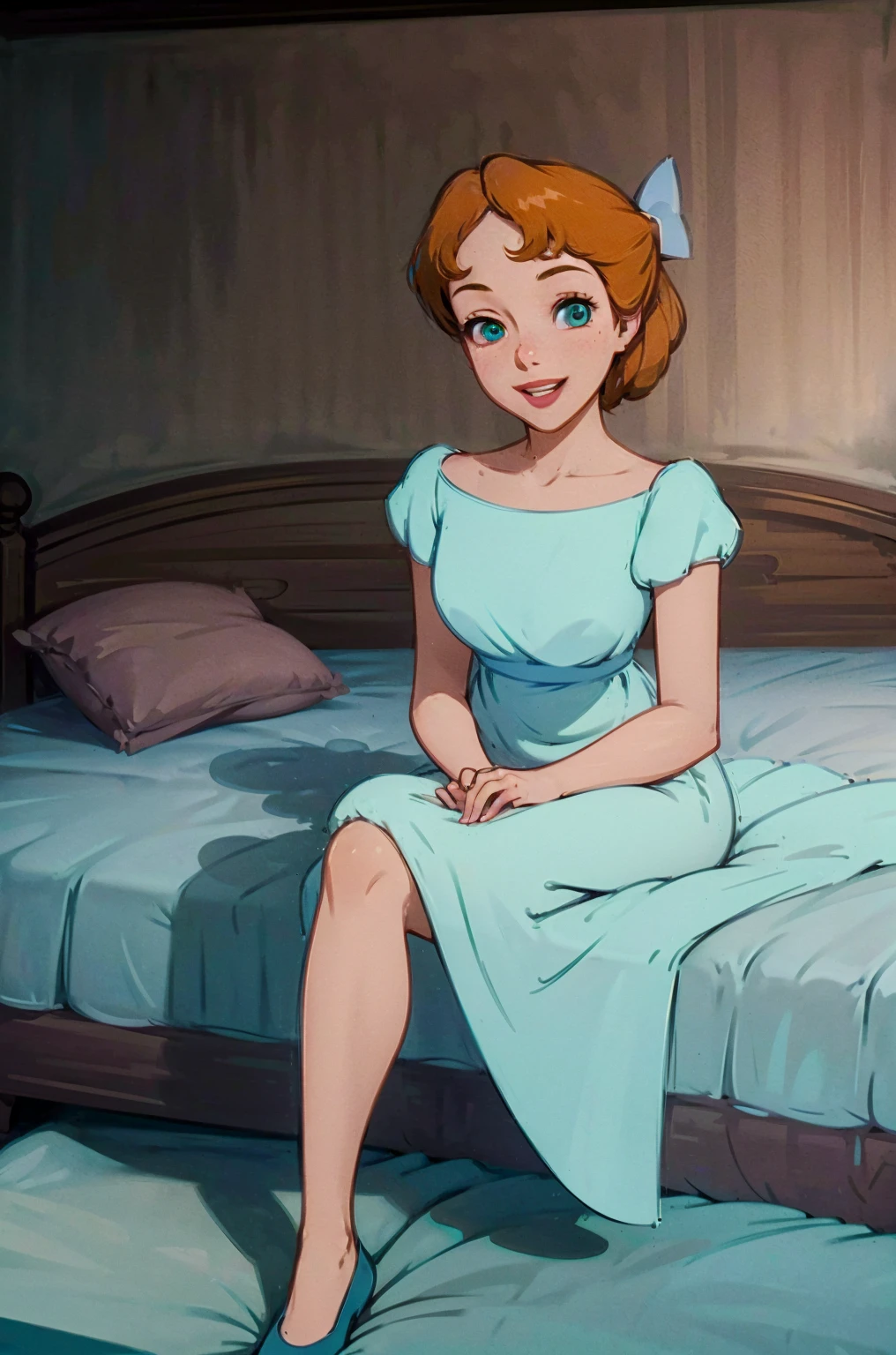 (masterpiece:1.4), (best qualit:1.4), (high resolution:1.4), wendy darling, bow, nightgown, sitting on bed, smiling, 