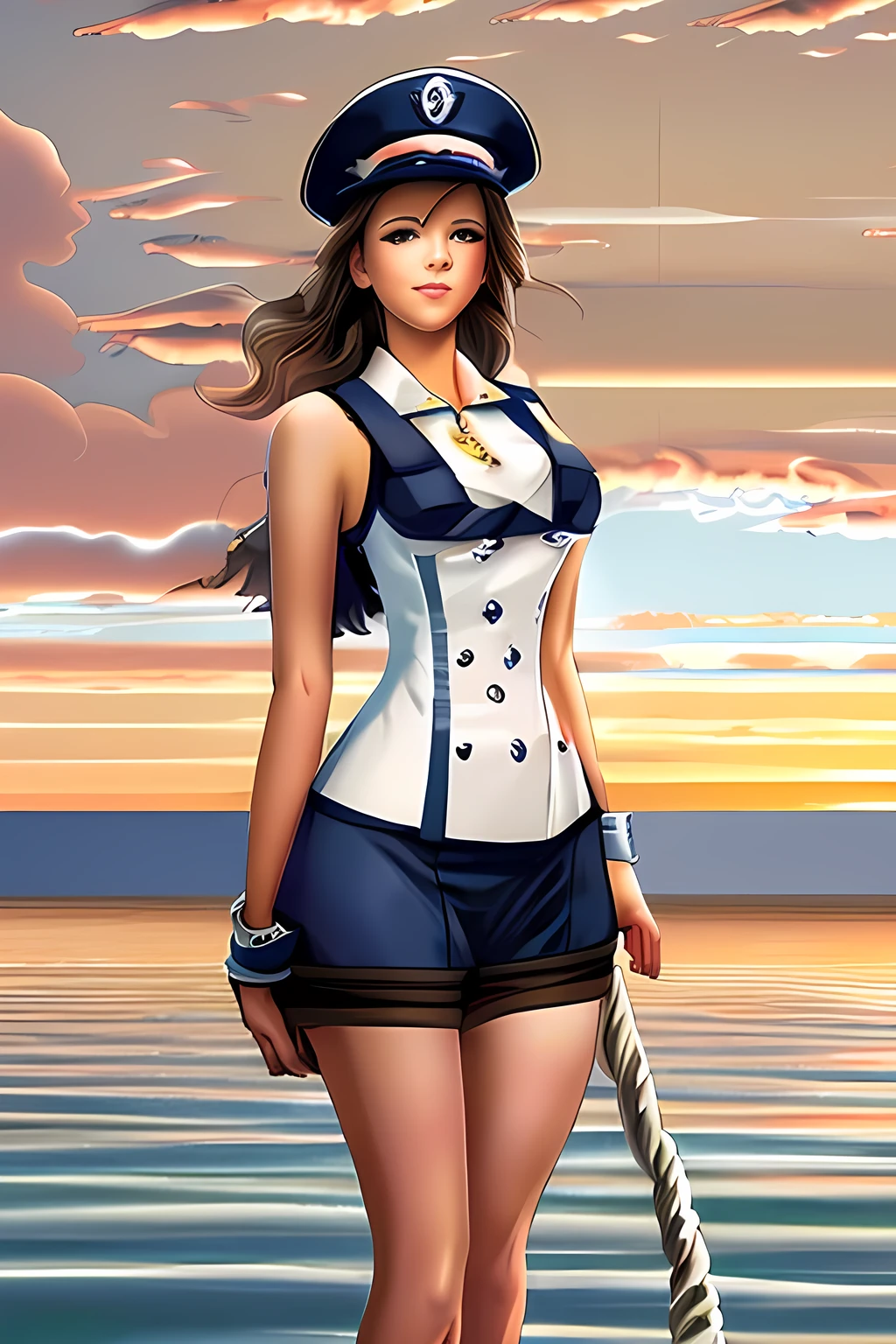 (High quality, High resolution, Fine details), Realistic, (navy), Sail ships, prow, Sunset, Sparkling water, white clouds, Solo, Slim woman, navy sailor hat, navy blue sailor uniform, Braided hair, Sparkling eyes, (Detailed eyes), Smile, Sweat, Oily skin, covered gigantic breasts, Hi3GB