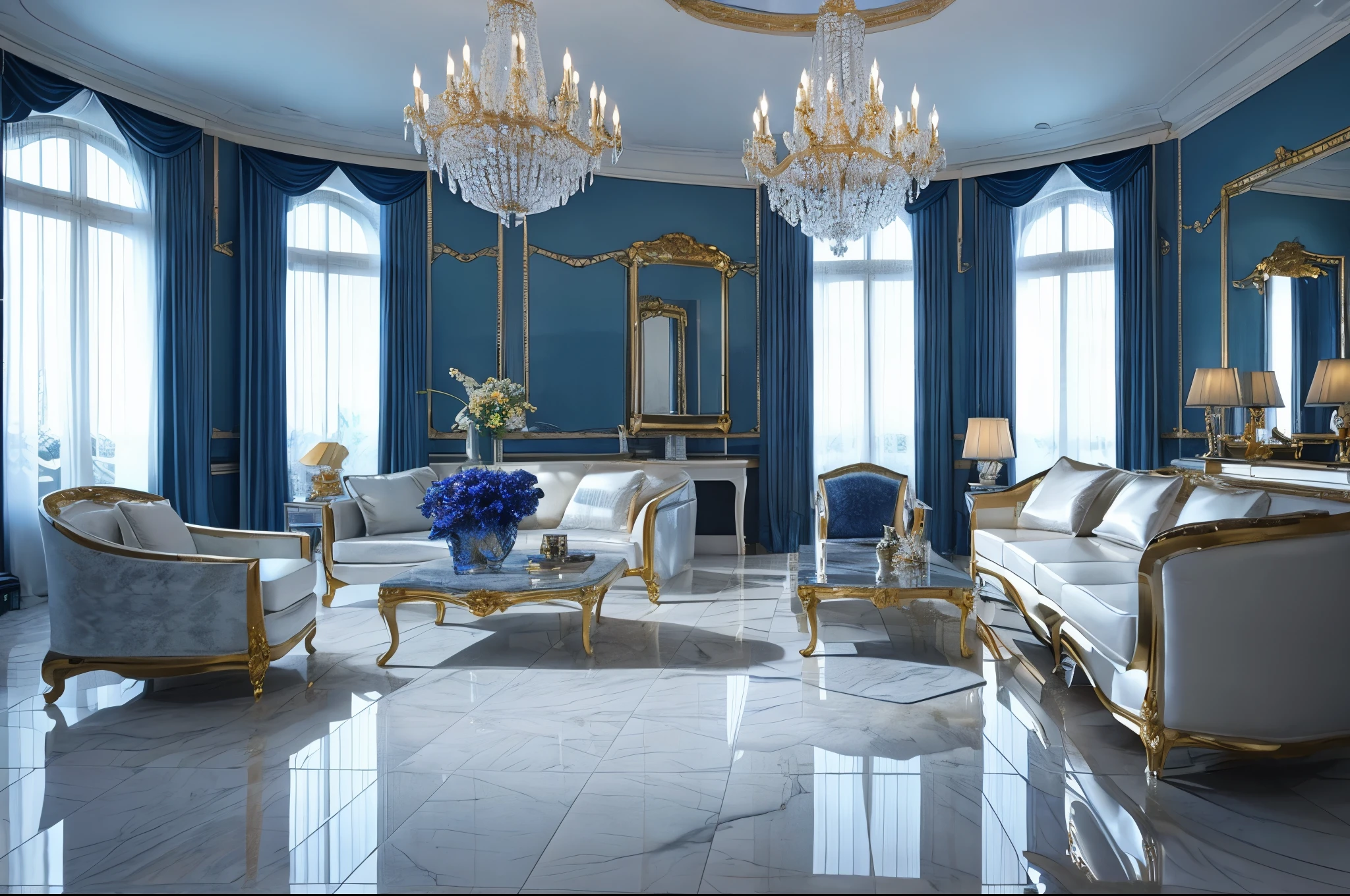 there is a white room with a couch, chairs, and a chandelier, a digital rendering, a 3D render, inspired by Hendrick van Balen, shiny marble floor, brightly lit blue room, blue room, wet reflective tile floor, marble floor