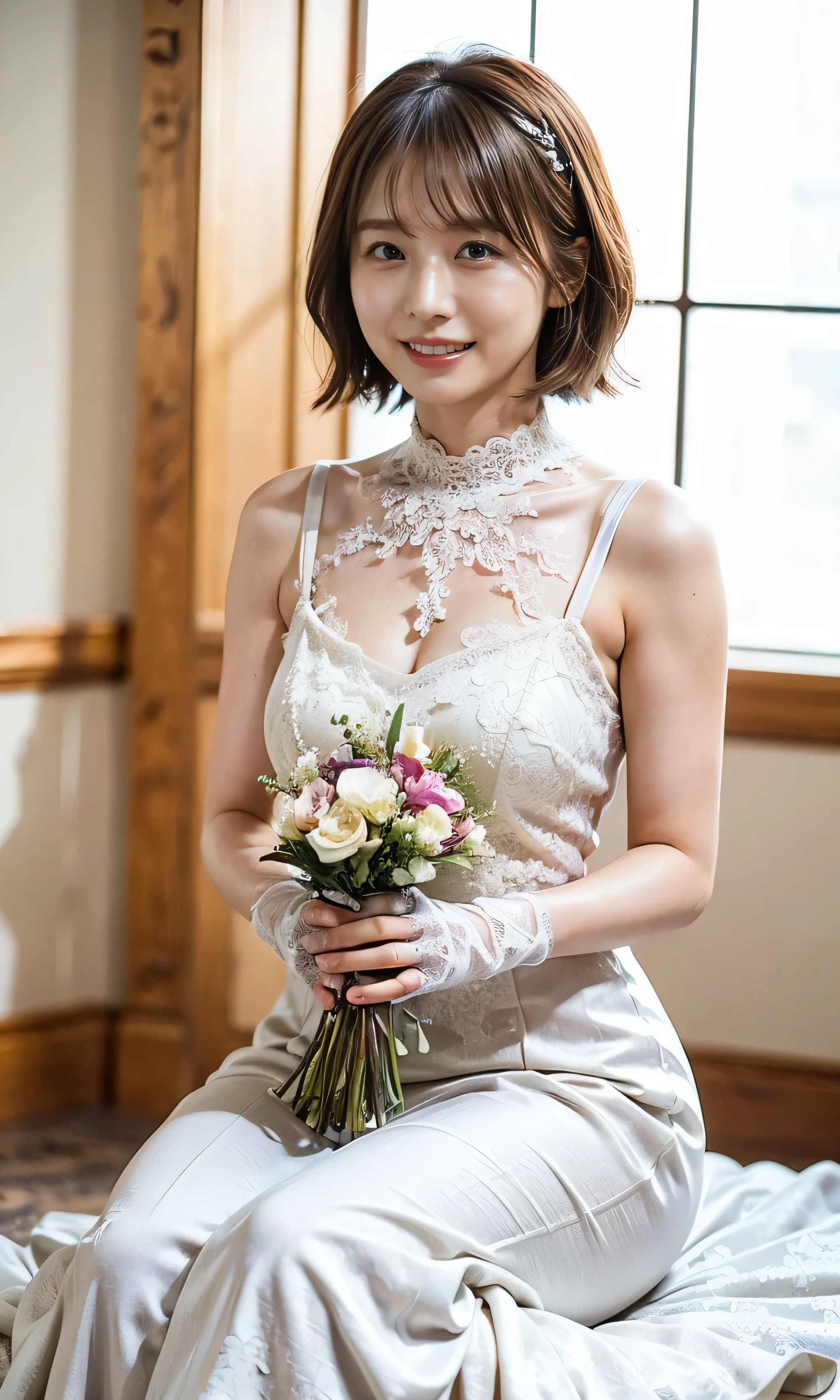 tiara、Please wear white lace gloves、Big smile、Holding a bouquet、A lovely smile、Gorgeous white silk dress with lace、Wonderful gardens、Colorful flowers々Blooming、White silk and shiny dress、Gorgeous and elegant white wedding dress、Braid only the front hair((wedding style:1.4))、Full body photo、smile、 Caustics、Highly detailed photos、Very beautiful ideal short hair、Big Breasts、Super no makeup、(8k、RAW Photos、highest quality、masterpiece:1.2)、(Realistic、Realistic)、1 girl、((Medium Short Hair、Looking into the camera:1.4))、