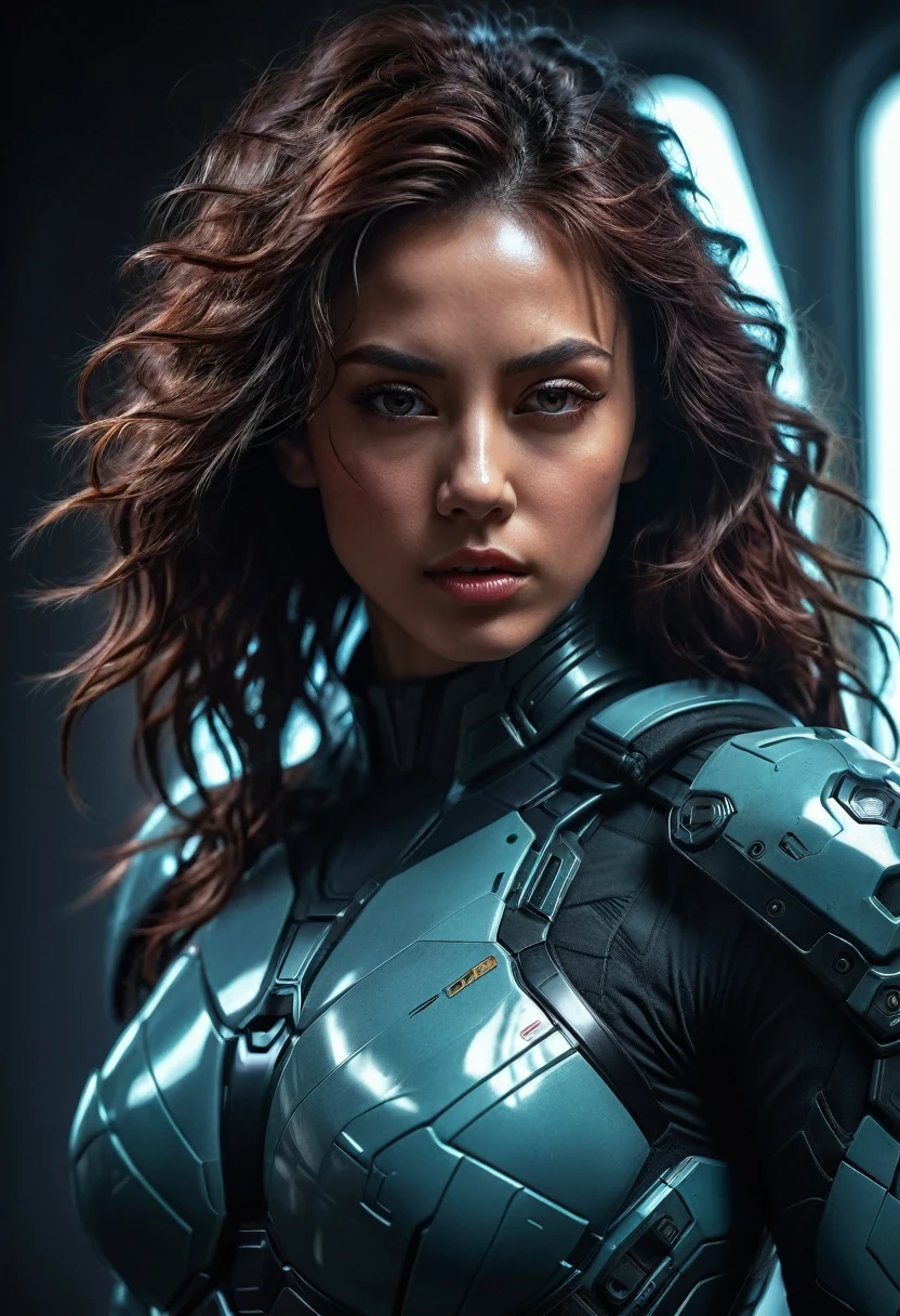 Tight Combat Suit, a woman in a tight combat suit, intricate futuristic body armor, highly detailed facial features, beautiful eyes, sharp nose, full lips, long eyelashes, muscular athletic body, dynamic action pose, dramatic lighting, cinematic composition, muted color palette, dark shadows, moody atmosphere, hyper realistic, 8k, 3d render, concept art, science fiction