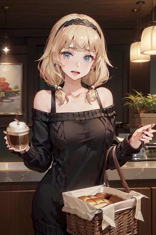 (perky chest:1.2), (pointed chest:1.2),(((Black Tunic:1.3))),(((cakes and bread in the basket),Cute and beautiful girl,Cute round face,Cute smile,with blush cheeks,Red Lip,solo, looking at viewer, open mouth, have a cute grass of cute beergrass,black hair, dark green eyes, dress, bare shoulders, jewelry, collarbone, sidelocks, hairband, earrings, indoors, off shoulder, sweater, arms behind back, plant, short hair with long locks, gild hairband, off-shoulder dress, sweater dress, off-shoulder sweater, black sweater, dark gord hair, big side hair, very long side hair,is rendered in (masterpiece: 1.2, best quality), with (ultra high resolution) and an exquisite (depth of field),(Bangs are see-through bangs),hair pin,hair adornments,detailed clothes features,Detailed hair features,detailed facial features,(Dynamic angles),(Dynamic and sexy poses),Cinematic Light,(masutepiece,top-quality,Ultra-high resolution) ,(The 8k quality,Anatomically accurate facial structure,),(Sea Art 2 Mode:1.3),(Image Mode Ultra HD) ,(Hold a coffee in your hand:1.3),delicate beautiful face, Bright blue eyes, cute eyes, sparkling eyes, Big eyes, (perky chest:1.1), (pointed chest:1.3), looking at viewer,
