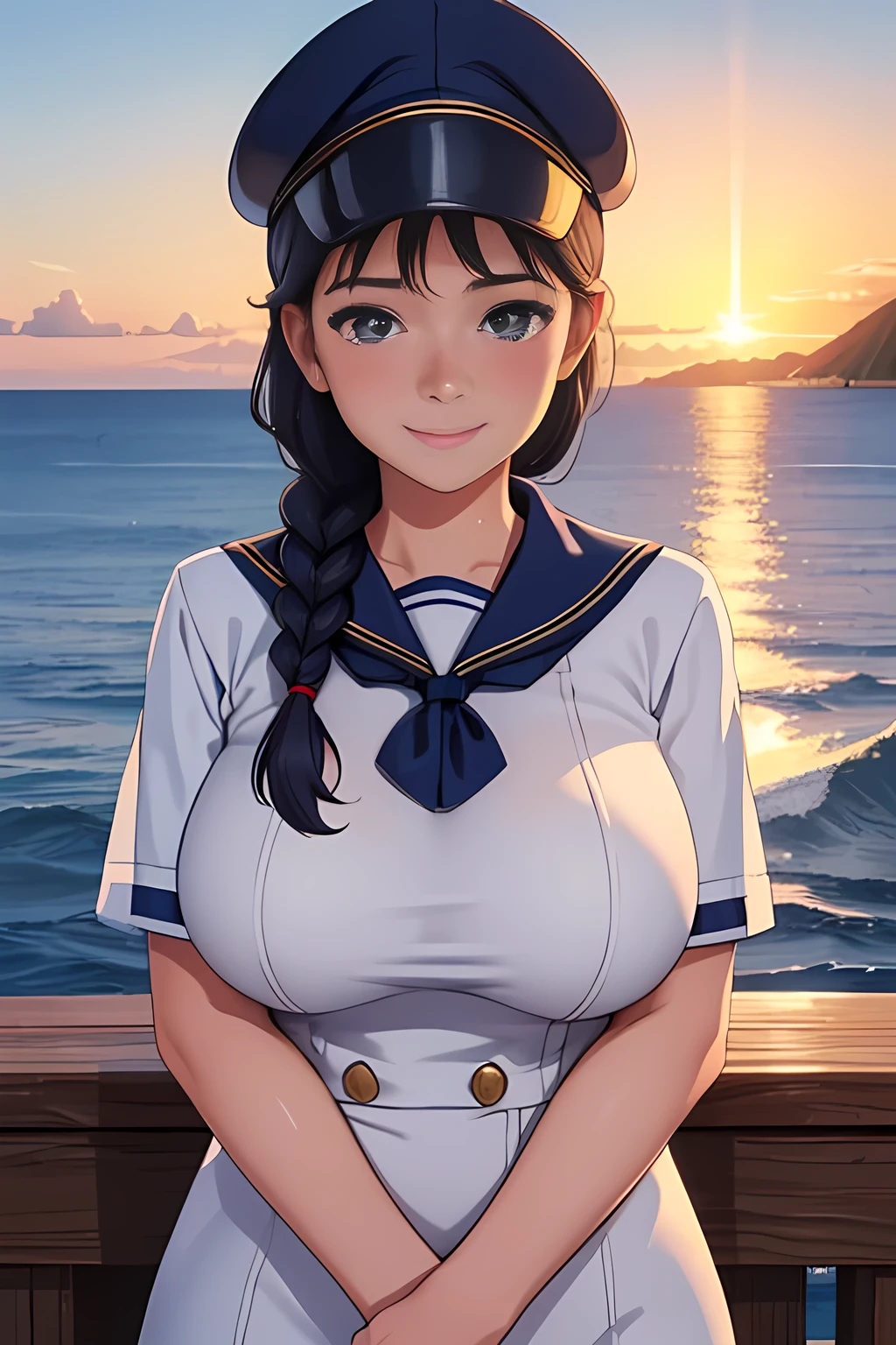 (High quality, High resolution, Fine details), Realistic, (navy), Sail ships, prow, Sunset, Sparkling water, white clouds, Solo, Slim woman, navy sailor hat, navy blue sailor uniform, Braided hair, Sparkling eyes, (Detailed eyes), Smile, Sweat, Oily skin, covered gigantic breasts, Hi3GB