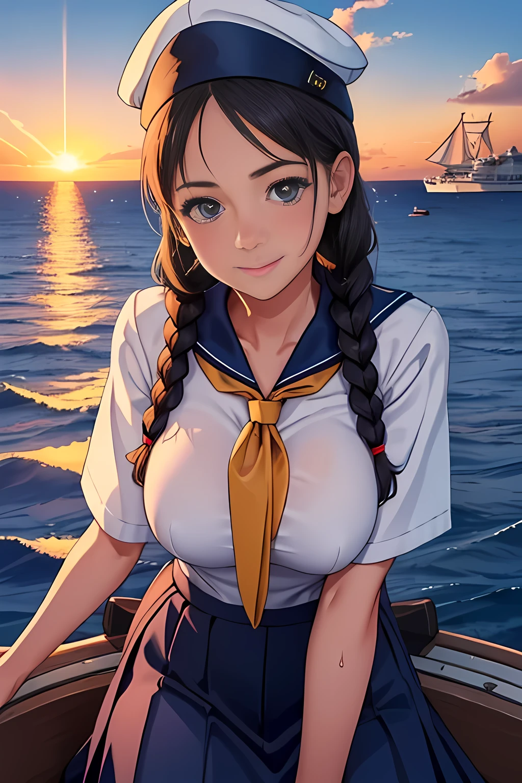 (High quality, High resolution, Fine details), Realistic, (navy), Sail ships, prow, Sunset, Sparkling water, white clouds, Solo, Slim woman, navy sailor hat, navy blue sailor uniform, Braided hair, Sparkling eyes, (Detailed eyes), Smile, Sweat, Oily skin, covered gigantic breasts, Hi3GB