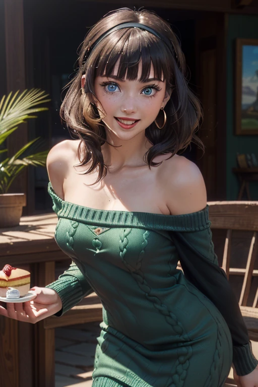 (perky chest:1.2), (pointed chest:1.2),(((Black Tunic:1.3))),(((cakes and bread in the basket),Cute and beautiful girl,Cute round face,Cute smile,with blush cheeks,Red Lip,solo, looking at viewer, open mouth, have a cute grass of cute beergrass,black hair, dark green eyes, dress, bare shoulders, jewelry, collarbone, sidelocks, hairband, earrings, indoors, off shoulder, sweater, arms behind back, plant, short hair with long locks, gild hairband, off-shoulder dress, sweater dress, off-shoulder sweater, black sweater, dark gord hair, big side hair, very long side hair,is rendered in (masterpiece: 1.2, best quality), with (ultra high resolution) and an exquisite (depth of field),(Bangs are see-through bangs),hair pin,hair adornments,detailed clothes features,Detailed hair features,detailed facial features,(Dynamic angles),(Dynamic and sexy poses),Cinematic Light,(masutepiece,top-quality,Ultra-high resolution) ,(The 8k quality,Anatomically accurate facial structure,),(Sea Art 2 Mode:1.3),(Image Mode Ultra HD) ,(Hold a coffee in your hand:1.3),delicate beautiful face, Bright blue eyes, cute eyes, sparkling eyes, Big eyes, (perky chest:1.1), (pointed chest:1.3), looking at viewer,
