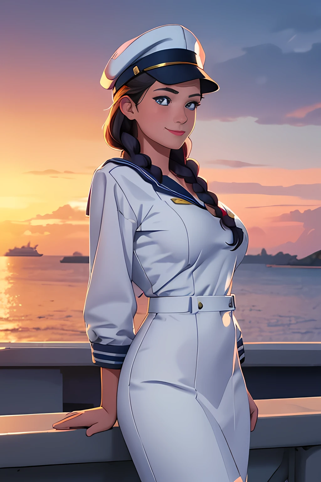 (High quality, High resolution, Fine details), Realistic, (navy), Sail ships, prow, Sunset, Sparkling water, white clouds, Solo, Slim woman, navy sailor hat, navy blue sailor uniform, Braided hair, Sparkling eyes, (Detailed eyes), Smile, Sweat, Oily skin, covered gigantic breasts, Hi3GB