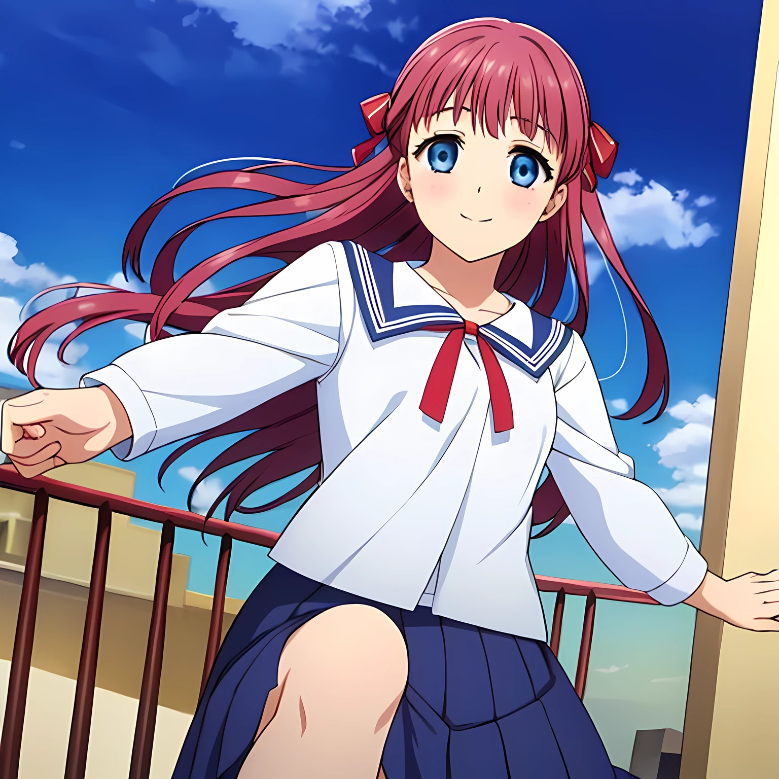 (highest quality, masterpiece:1.2), highest quality, High resolution, 1080p, 8K, CG of the heroine of a beautiful girl game, Height: 158cm, A beautiful heroine falls from the sky like an angel, smiling., A face that everyone loves, Glossy lips, Even bangs, Double, Long eyelashes on both the top and bottom, Big wide blue eyes, The very large and thick yellow ribbon bowtie is very cute., Beautiful, shiny red long hair, A neat and tidy pleated skirt that reaches down to the knees in dark navy blue, ((A winter sailor uniform in dark navy blue)), Ribbon in hair, Thick calves, Tight waist, Navy blue pleated skirts fall from the sky, one after another., Approaching the viewer with open arms, ((now、Trying to kiss the viewer)), Shooting from below