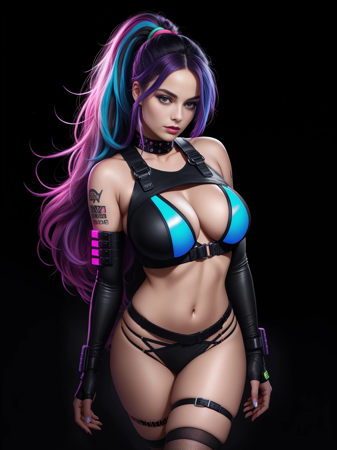 there is Margot Robbie, navy blue and bright purple neon streaked hair, hair in pony tail, 3 d neon art of a womans body, neon-noir background, cyberpunk femme fatale, seductive cyberpunk dark fantasy, cyberpunk strip clubs, cyberpunk 20 y. o model girl, oppai cyberpunk, banner, high definition cgsociety, cgsociety masterpiece, trending on cgstation, kda, random hair, looking at camera, gigantic breasts, cleavage, (high detailed skin:1.2), 8k uhd, dslr, super lighting, high quality, film grain, high res, highly detailed, hyper realistic, beautiful face, beautiful body, beautiful eyes nose lips, alluring expression, very bold, upper  visible, full body photo, standing legs apart, pale translucent glowing skin, most beautiful face, cute, (well defined pubic hair:1.2)), (dark plain black background:1.4))