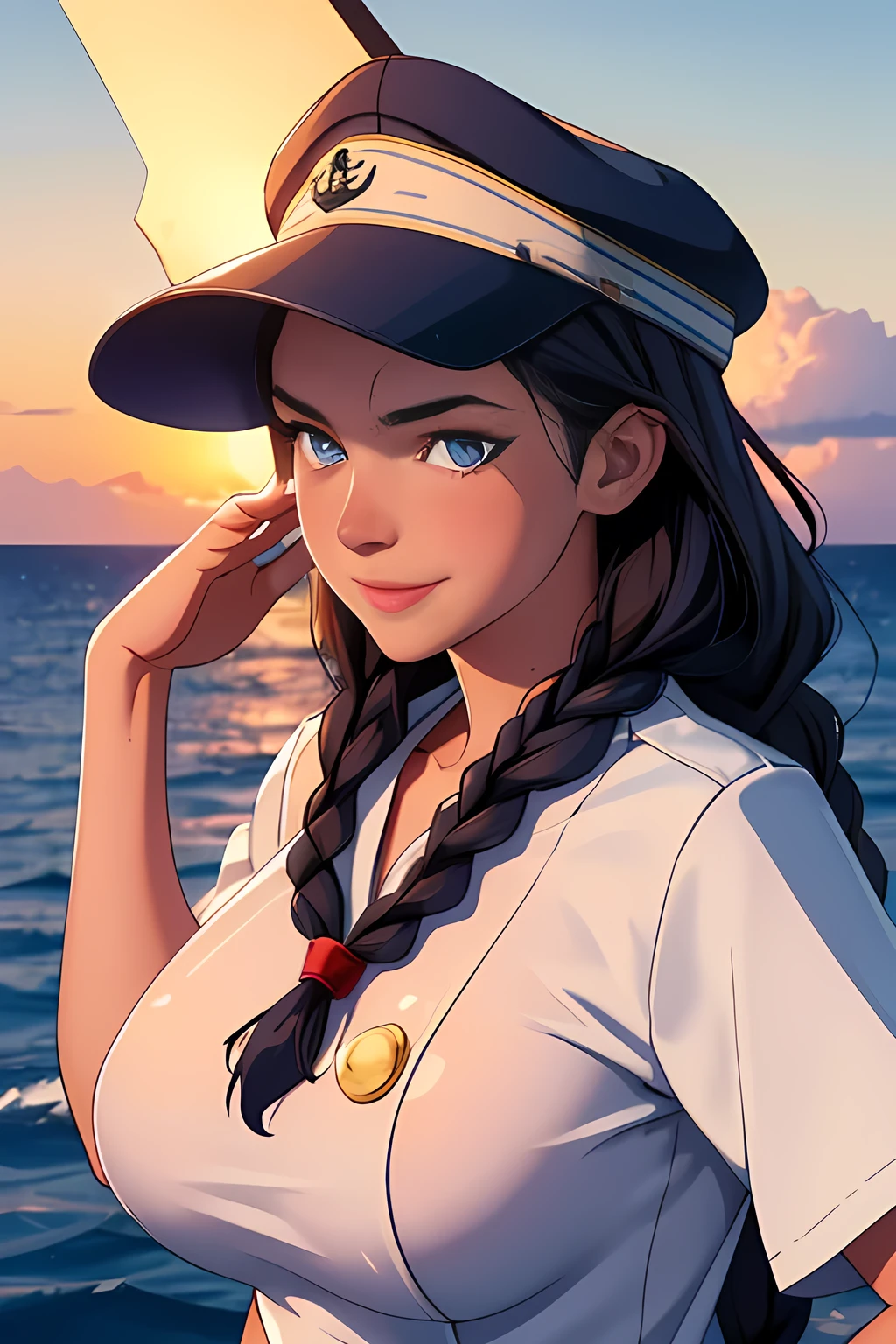 (High quality, High resolution, Fine details), Realistic, (navy), Sail ships, prow, Sunset, Sparkling water, white clouds, Solo, Slim woman, navy sailor hat, navy blue sailor uniform, Braided hair, Sparkling eyes, (Detailed eyes), Smile, Sweat, Oily skin, covered gigantic breasts, Hi3GB