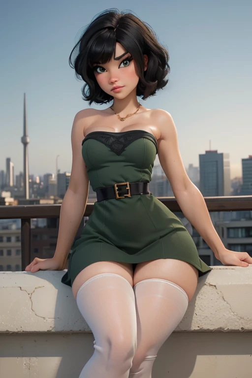 (masterpiece), best quality, expressive eyes, perfect face, (city background), (posing), (angry), (closeup view), (1girl, age 18+, Belle Delphine, fair skin, black hair, short hair with bangs, bob hairstyle, green eyes, hourglass figure, thin body, skinny body, petite_body, small breasts, wide hips, thick thighs), (tight fit, green bodycon minidress, sleeveless, strapless, black waist belt, white stockings),