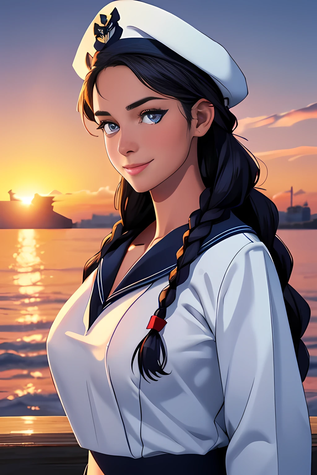 (High quality, High resolution, Fine details), Realistic, (navy), Sail ships, prow, Sunset, Sparkling water, white clouds, Solo, Slim woman, navy sailor hat, navy blue sailor uniform, Braided hair, Sparkling eyes, (Detailed eyes), Smile, Sweat, Oily skin, covered gigantic breasts, Hi3GB