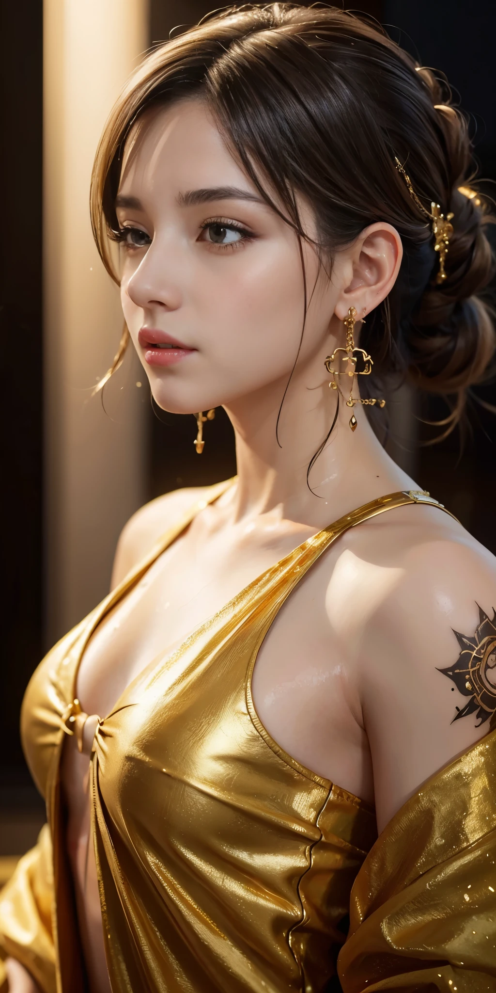 in the rain、Gold tattoo on a girl with gold earrings, In the style of vray tracing, Then Martin, yuumei, Poured, close, Dark white and gold, Speed Painting, masterpiece, highest quality,