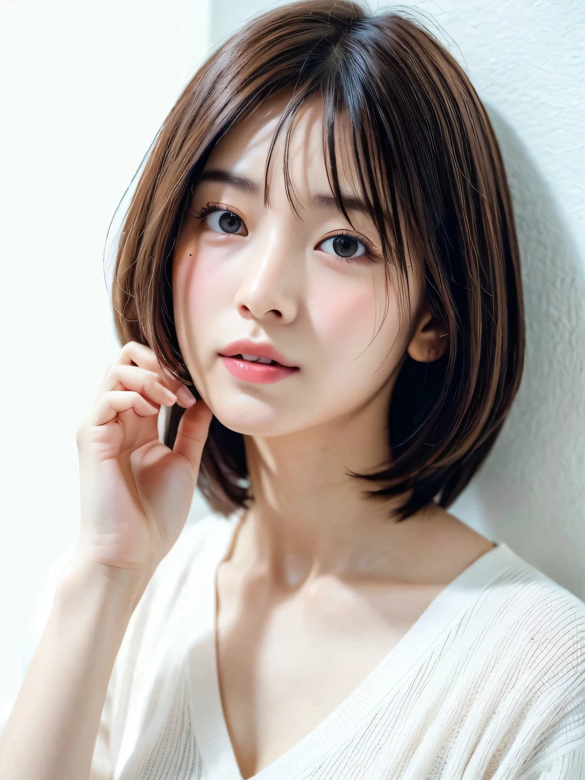 (highest quality、8k、32k、masterpiece、Hmph:1.2)、Cute Japanese Women Photos、Photographed in front of a white wall、Photographed in natural light、Upper Body、Surface Focus、Long sleeve shirt、Simple Necklace、From above、Mix 4、(8k、RAW Photos、highest quality、masterpiece:1.2)、(Realistic、Photorealistic:1.37)、1 girl、Photon Mapping、Physically Based Rendering、Excellent image quality、High resolution、1080p、(Beautiful face)、(Detailed facial depiction)、(Detailed description of the hand)、(Masseter muscle area)、(Detailed CG)、 Extreme light and shadow、Dirty hair、masterpiece、Rich details、(exquisite features)、(Best image quality)、(masterpiece)、(Detailed eyes)、I look forward to seeing you、Delicate clavicle、Mr.々A pose