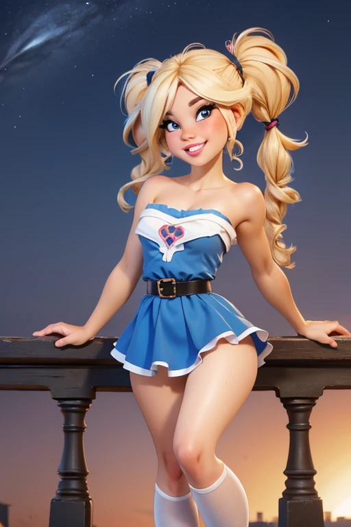 (masterpiece), best quality, expressive eyes, perfect face, (city background), (posing), (smile), (closeup view), (1girl, age 18+, Belle Delphine, fair skin, blonde hair, short hair with pigtails, pigtail hairstyle, blue eyes, hourglass figure, thin body, skinny body, petite_body, small breasts, wide hips, thick thighs), (blue minidress, sleeveless, strapless, black waist belt, white stockings),