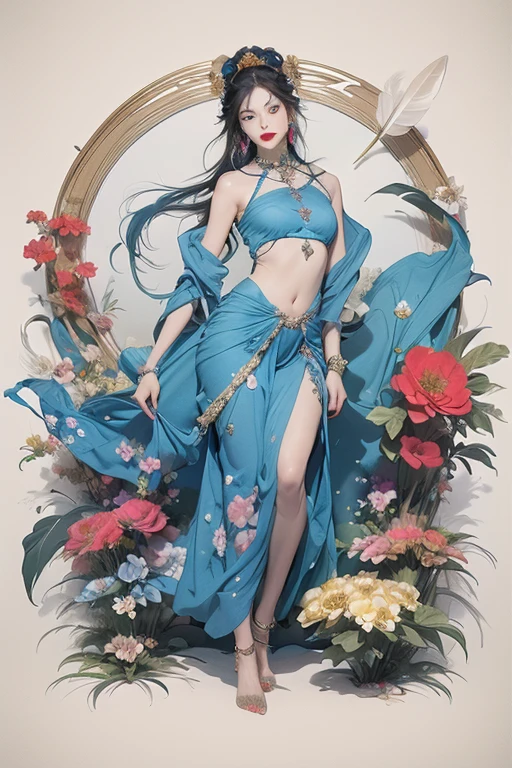 (masterpiece, quality, best quality, Official Art, Beautiful and beautiful:1.2), (1 girl:1.3), Very detailed,(Fractal Art:1.1),(Rich and colorful:1.1)(Flowers:1.3),Most detailed,(Tangled:1.2), whole body, feet，(Abstract background:1.3), (Shiny skin), (Many colors:1.4), ,(Feather earrings:1.5),