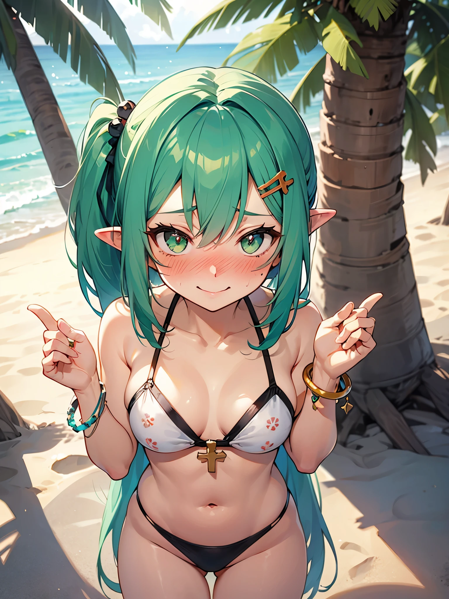 NSFW,Long Hair、Green Eyes、bangs、Pointed Ears、hair ornaments、White Hair、Symbol-shaped pupil、Multicolored Hair、Side Ponytail、Gradient Hair、Green Hair、Hair between the eyes、Cross-shaped pupil、smile、gem、葉っぱのhair ornaments、bracelet,bikini,(Perfect hands),(Perfect Anatomy),(masterpiece),(highest quality),(Embarrassed:1.5),blush,Shy laugh,beach,Palm tree,Rock Shade