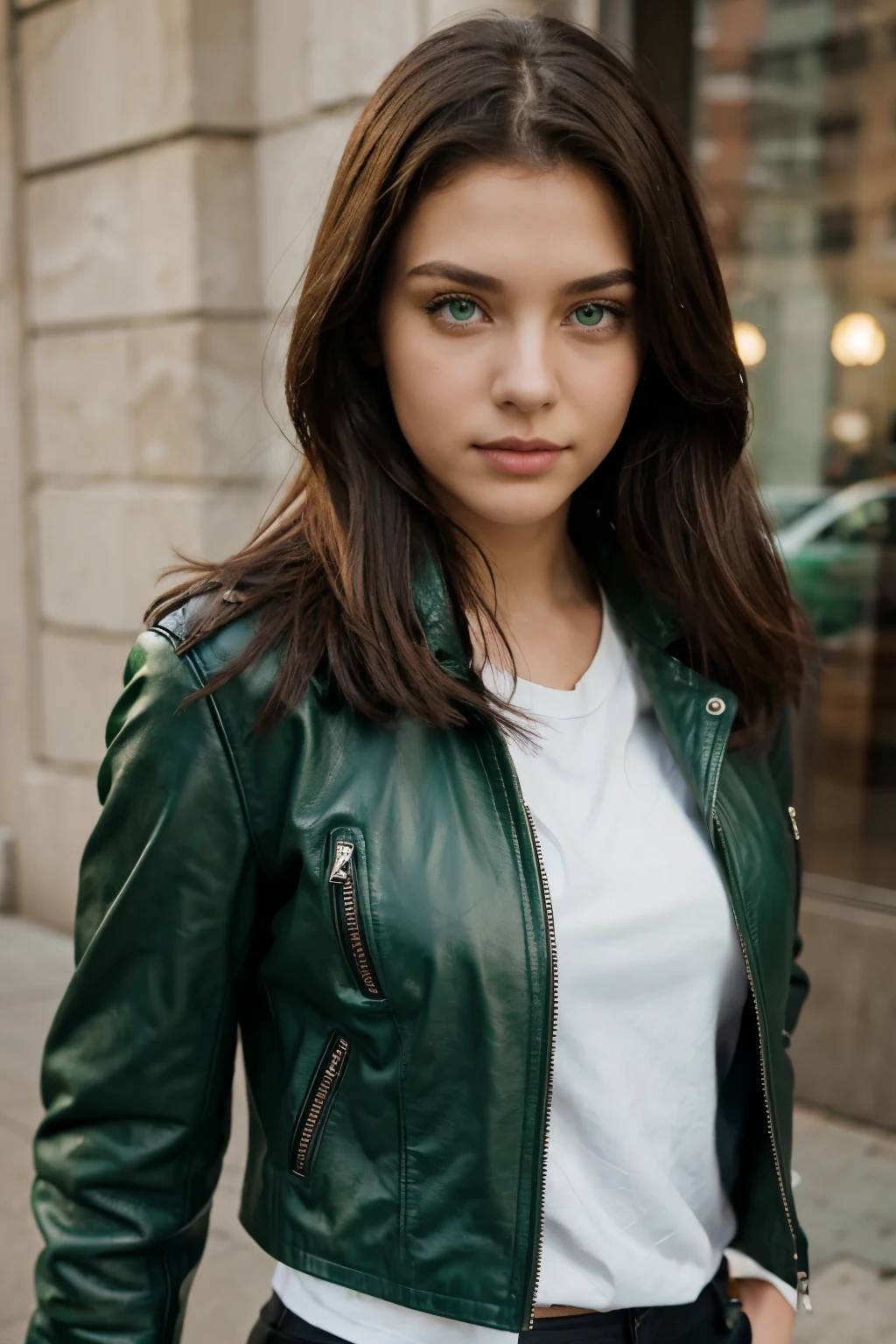 Girl White Green Eyes with Leather jacket