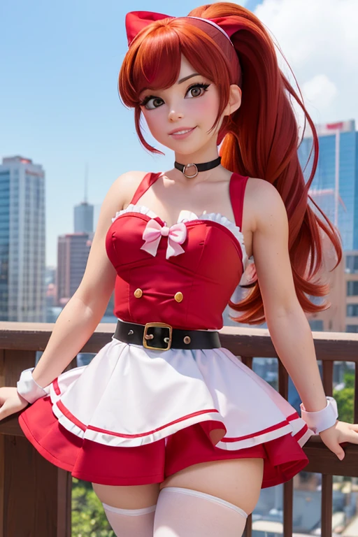 (masterpiece), best quality, expressive eyes, perfect face, (city background), (posing), (smirk), (closeup view), (1girl, age 18+, Belle Delphine, fair skin, red hair, long hair with bangs and big red bow, ponytail hairstyle, red eyes, hourglass figure, thin body, skinny body, petite_body, small breasts, wide hips, thick thighs), (pink_red minidress, sleeveless, strapless, black waist belt, white stockings),