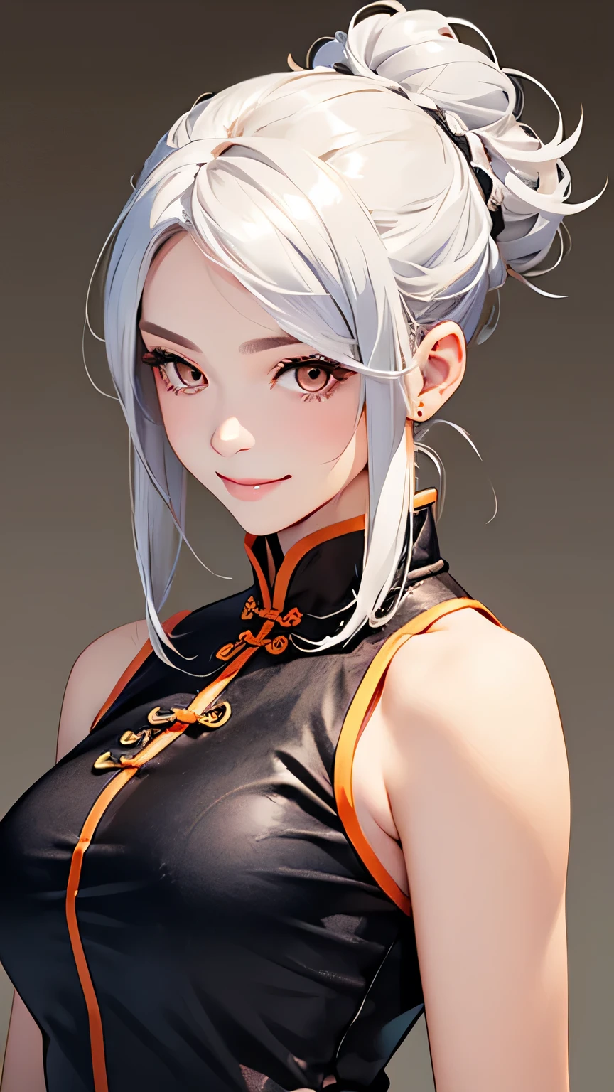 highest quality、Realistic、Women、zoom、cute、Orange Eyes、Silver Hair、Bun Hair、Sleeveless cheongsam、smile、Looking down、smile、Bust Shot、　Arms crossed