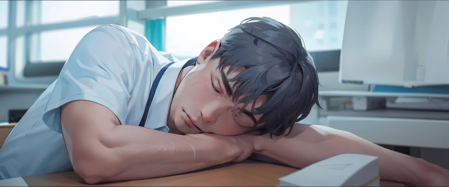 cute young male of with gray hair is asleep at his desk