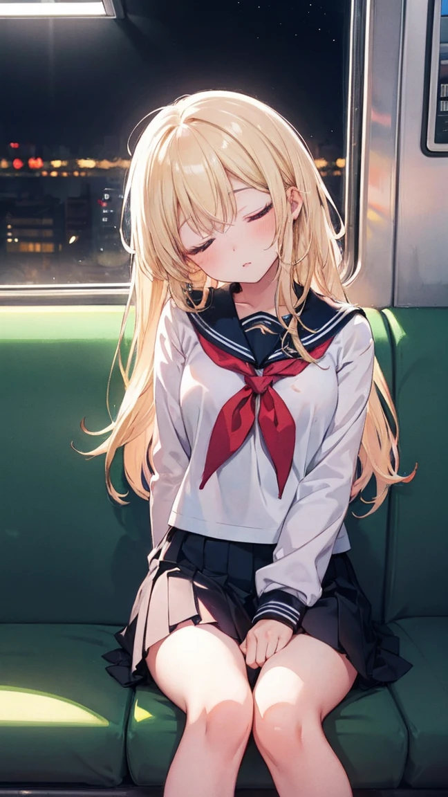 masterpiece, best quality,ultra detailed, soft pastel tones, watercolor, bright color, transparent, gradation, harmonious and calm atmosphere,halation,1 girl, blonde long hair,sleeping, in train, (head tilt:1.1), (spread legs:0.4),
,white serafuku, black pleated skirt, from front,night
