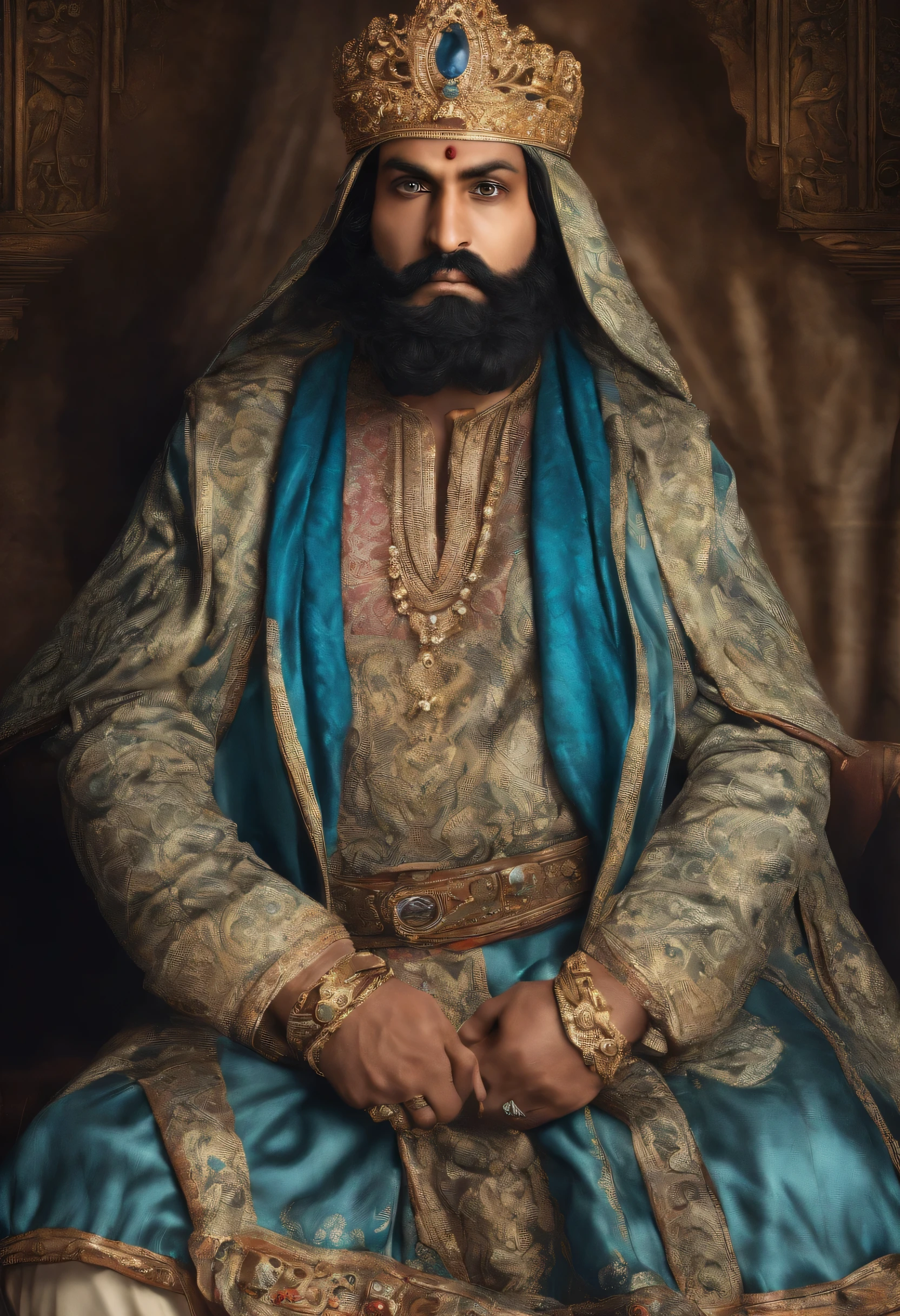 Mughal king, has a large scar over his left eye, five feet seven inches tall, robust build, dark complexion, man of about 45 years, natural black hair, distinctive blue eyes, wearing kingly clothing, slim and well-built, handsome, candlelight in a medieval setting, extremely sharp focus, realistic shot, Mughal male costume, quaternary color (color: 1.4), sitting in his court