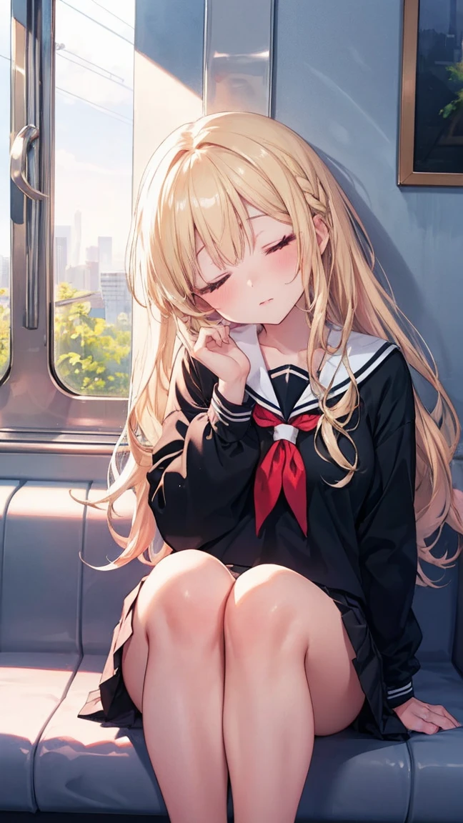 masterpiece, best quality,ultra detailed, soft pastel tones, watercolor, bright color, transparent, gradation, harmonious and calm atmosphere,halation,1 girl, blonde long hair,sleeping, in train, (head tilt:1.1), (spread legs:0.4),
,white serafuku, black pleated skirt, from front,night