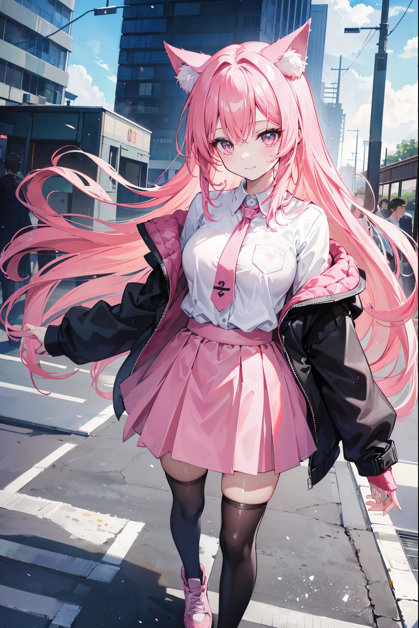"anime girl, 1 person, pink hair, pink cat ears, pink eyes, women's shirt, tie, women's black off-shoulder jacket, colored skirt black,smiled brightly, confident expression,medium chest,looking from many directions,full body (full HD 4K+ image)"