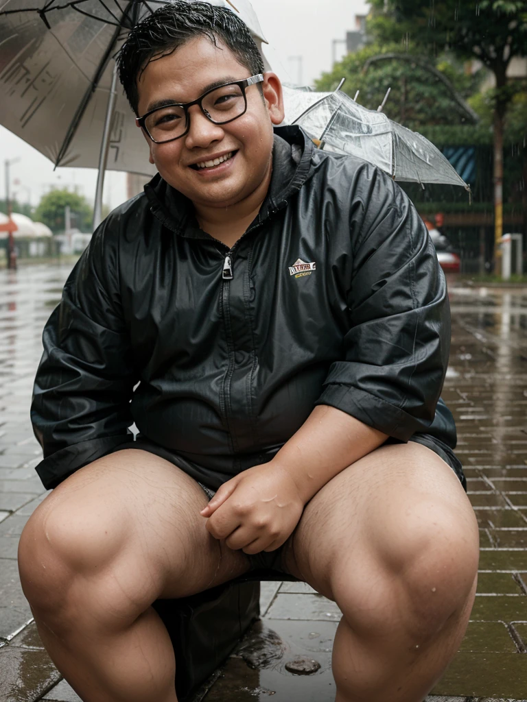 Realistic image, fat boy, , smiling face,Asian, wearing eyeglasses, sitting in the rain,It was wet from the rain, and in the background there were many people walking around.