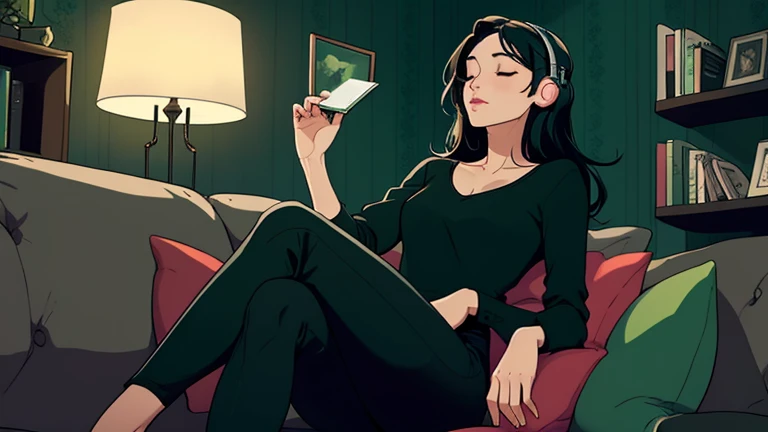 Beautiful woman in her 30s with black hair is sitting on the sofa with her eyes closed. and wearing headphones listening to music. Looking up, eyes closed, LOFI girl, alone in the room, V-neck blouse, cozy wallpaper, big cushion, bookshelf, relaxing mood, night core, cozy, wide glass window with skyscrapers, outside view at night, only five fingers, dark room, green wall, Long legs,