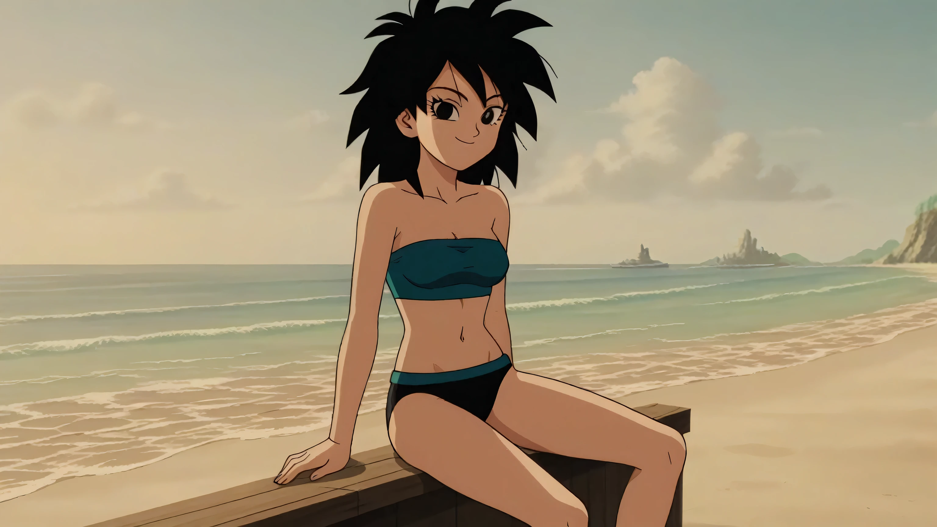 source_anime, score_9,score_8_up, score_7_up, ginedb, anime screencap, 1girl, solo, looking at viewer, smile, medium breasts, black hair, beach, ocean, bare shoulders, medium breasts, smile, sitting down on the beach, arms at sides, cowboy shot, medium hair, black eyes, spiked hair, eyelashes, masterpiece, best quality, very aesthetic, absurdres, black bikins, strapless tube top, black panty, midriff, blue skies, standing, cowboy shot,
