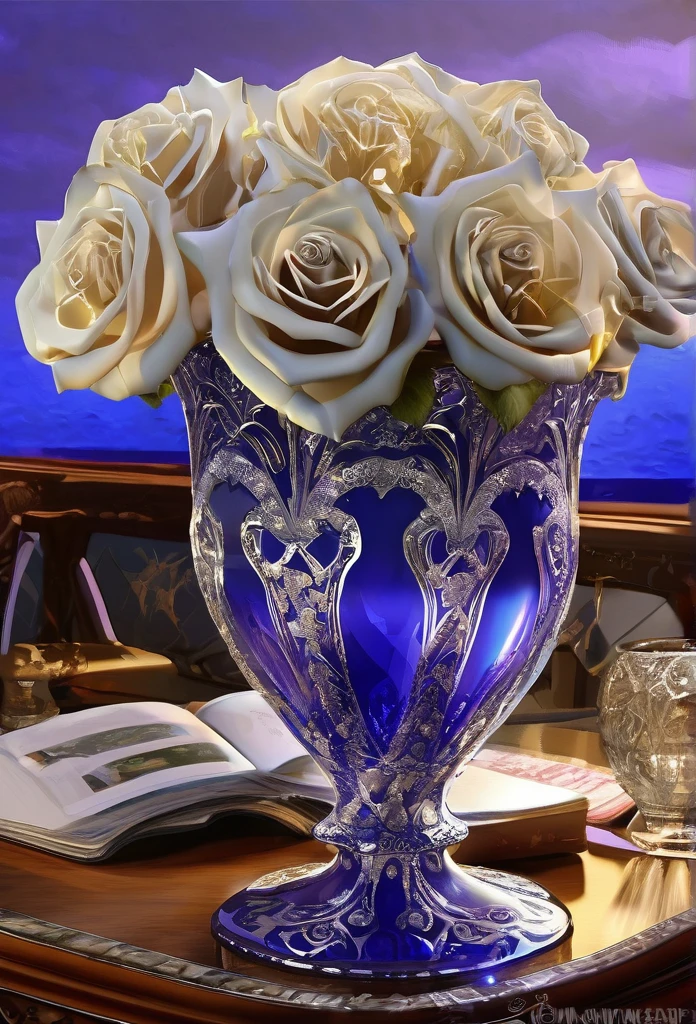 [A 4D Cobalt Blue Translucent Large Vase with intricate patterns glistening in a lavender color], (a flawless white rose in Pure 24kt Gold sits inside with Beautiful Diamonds beneath it, bright, contoured, beveling, mirroring: Highlight features: 1.3),
(RAW photo, 16k, masterpiece, best quality: 1.2), (ultra realism, hyper detailed and intricate realism: 1.3), (wide depth of field, radiant mapping, ray tracing, god rays: 1.2), resting on a wood plank table in  an elaborate environment, High dynamic range, vivid, rich details, clear shadows and highlights, realistic, intense, enhanced contrast,