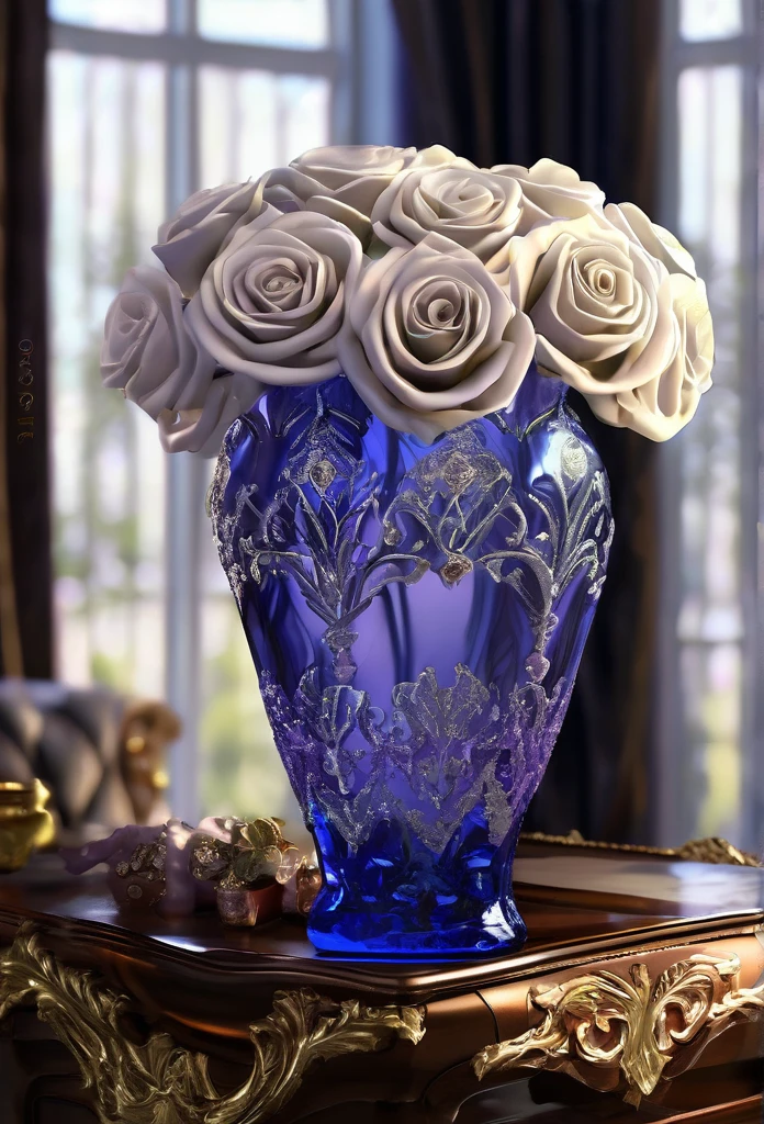 [A 4D Cobalt Blue Translucent Large Vase with intricate patterns glistening in a lavender color], (a flawless white rose in Pure 24kt Gold sits inside with Beautiful Diamonds beneath it, bright, contoured, beveling, mirroring: Highlight features: 1.3),
(RAW photo, 16k, masterpiece, best quality: 1.2), (ultra realism, hyper detailed and intricate realism: 1.3), (wide depth of field, radiant mapping, ray tracing, god rays: 1.2), resting on a wood plank table in  an elaborate environment, High dynamic range, vivid, rich details, clear shadows and highlights, realistic, intense, enhanced contrast,