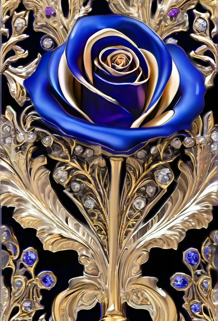 [A 4D Cobalt Blue Translucent Large Vase with intricate patterns glistening in a lavender color], (a flawless white rose in Pure 24kt Gold sits inside with Beautiful Diamonds beneath it, bright, contoured, beveling, mirroring: Highlight features: 1.3),
(RAW photo, 16k, masterpiece, best quality: 1.2), (ultra realism, hyper detailed and intricate realism: 1.3), (wide depth of field, radiant mapping, ray tracing, god rays: 1.2), resting on a wood plank table in  an elaborate environment, High dynamic range, vivid, rich details, clear shadows and highlights, realistic, intense, enhanced contrast,