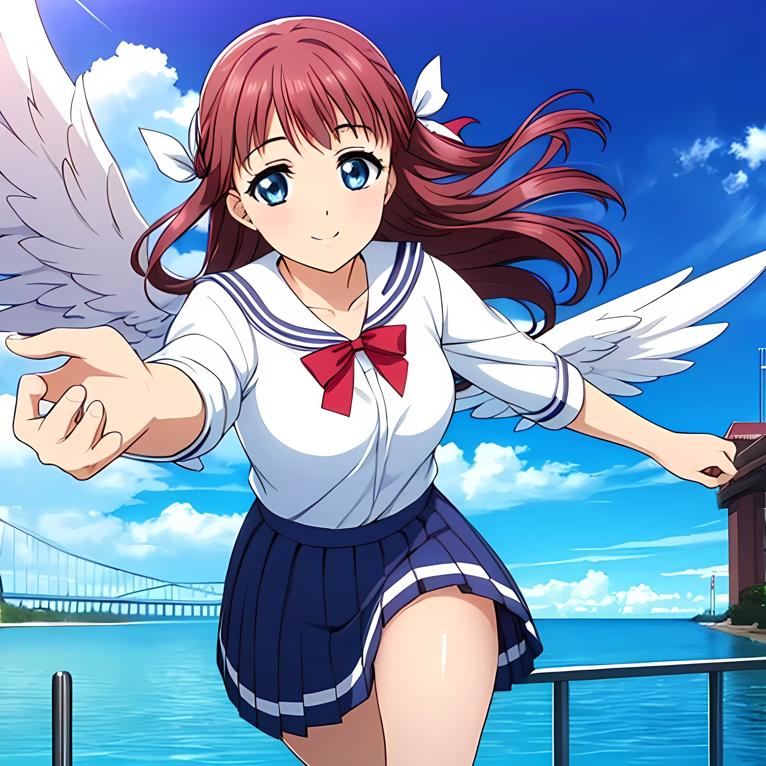 (highest quality, masterpiece:1.2), highest quality, High resolution, 1080p, 8K, CG of the heroine of a beautiful girl game, Height: 158cm, A beautiful heroine falls from the sky like an angel, smiling., A face that everyone loves, Glossy lips, Even bangs, Double, Long eyelashes on both the top and bottom, Big wide blue eyes, The very large and thick yellow ribbon bowtie is very cute., Beautiful, shiny red long hair, A neat and tidy pleated skirt that reaches down to the knees in dark navy blue, ((A winter sailor uniform in dark navy blue)), Ribbon in hair, Thick calves, Tight waist, Navy blue pleated skirts fall from the sky, one after another., Approaching the viewer with open arms, ((now、Trying to kiss the viewer)), Shooting from below