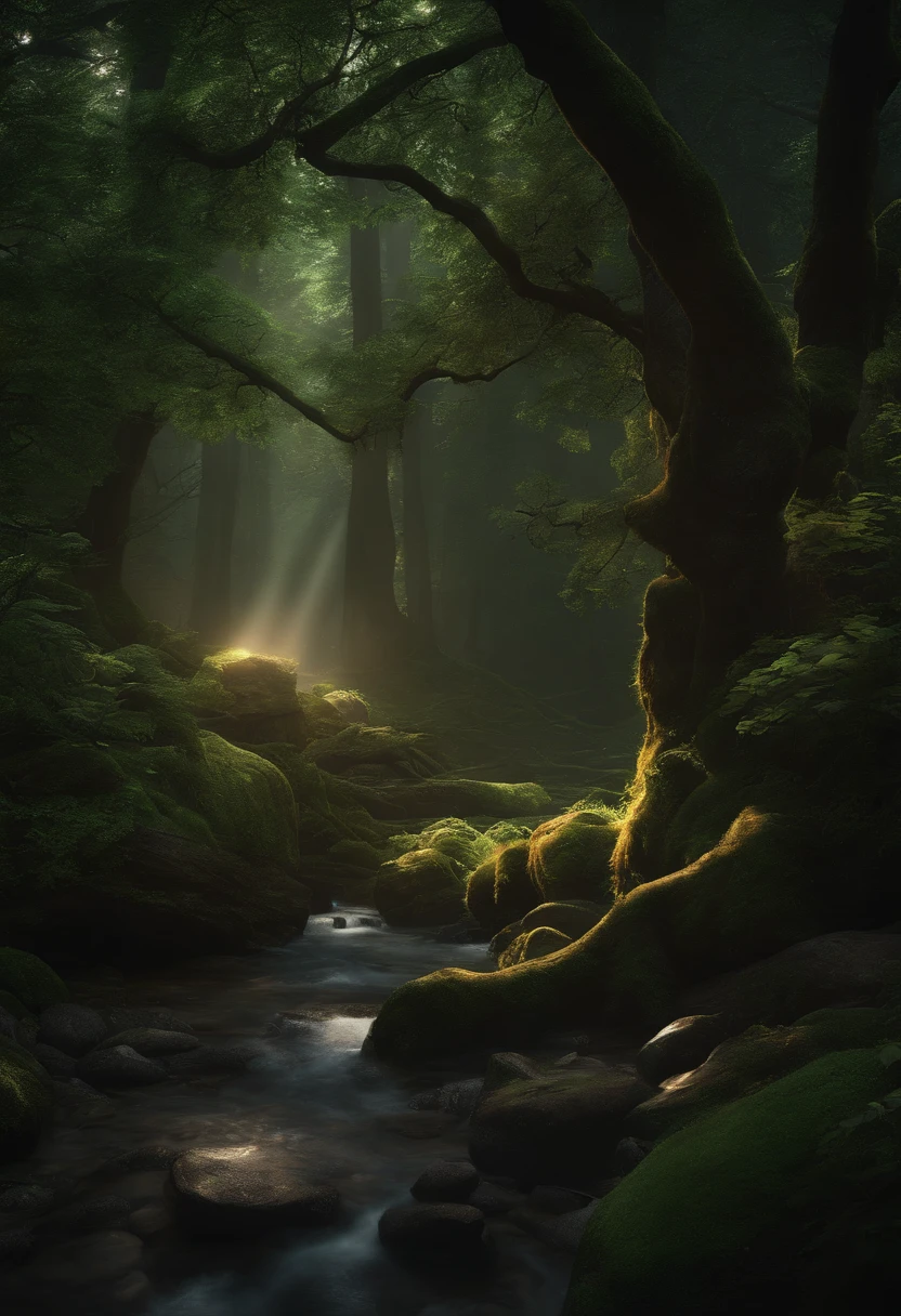 a dark forest with a glowing crystal, detailed environment, (best quality,4k,8k,highres,masterpiece:1.2),ultra-detailed,(realistic,photorealistic,photo-realistic:1.37),HDR,UHD,studio lighting,extremely detailed landscape,lush foliage,ancient trees,magical glowing crystal,dramatic lighting,moody atmosphere,rich colors,cinematic composition