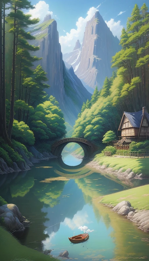 Realistic, authentic, beautiful and amazing landscape oil painting Studio Ghibli Hayao Miyazaki&#39;s petal grassland with blue sky and white clouds --v6