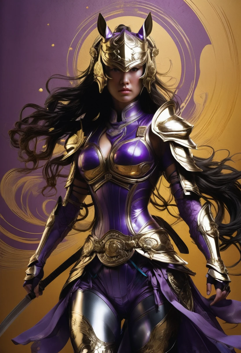 Tight Combat Suit, A angry eyes, mask Mortal combat, satin Tight body Suit, Samurai Warrior Woman, background is Giant Golden horse, a masterpiece, 8k resolution, dark fantasy concept art, by Greg Rutkowski, dynamic lighting, hyperdetailed, intricately detailed, Splash screen art, trending on Artstation, deep color, Unreal Engine, volumetric lighting, Alphonse Mucha, Jordan Grimmer, purple and yellow complementary colours
