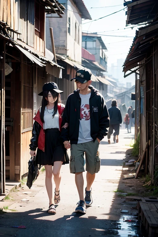 (8K), (Best Quality), (Mastepiece: 1.2) , (A couple with a walking through a slum: 1.2)、(Buckshot: 1.2)