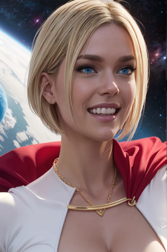 kara,short blonde hair, blue eyes,large breasts, white leotard, left shoulder cape and chain, red cape, cleavage cutout, long sleeves, looking at viewer, smiling,  close up portrait, outside, space, planet background, high quality, masterpiece, 