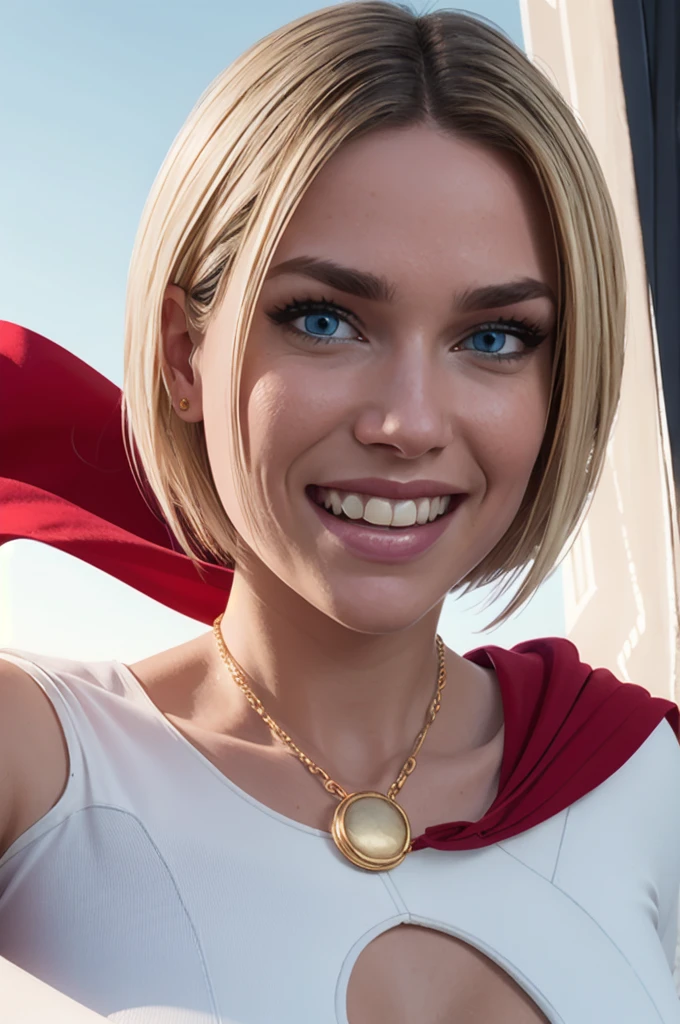 kara,short blonde hair, blue eyes,large breasts, white leotard, left shoulder cape and chain, red cape, cleavage cutout, long sleeves, looking at viewer, smiling,  close up portrait, outside, space, planet background, high quality, masterpiece, 