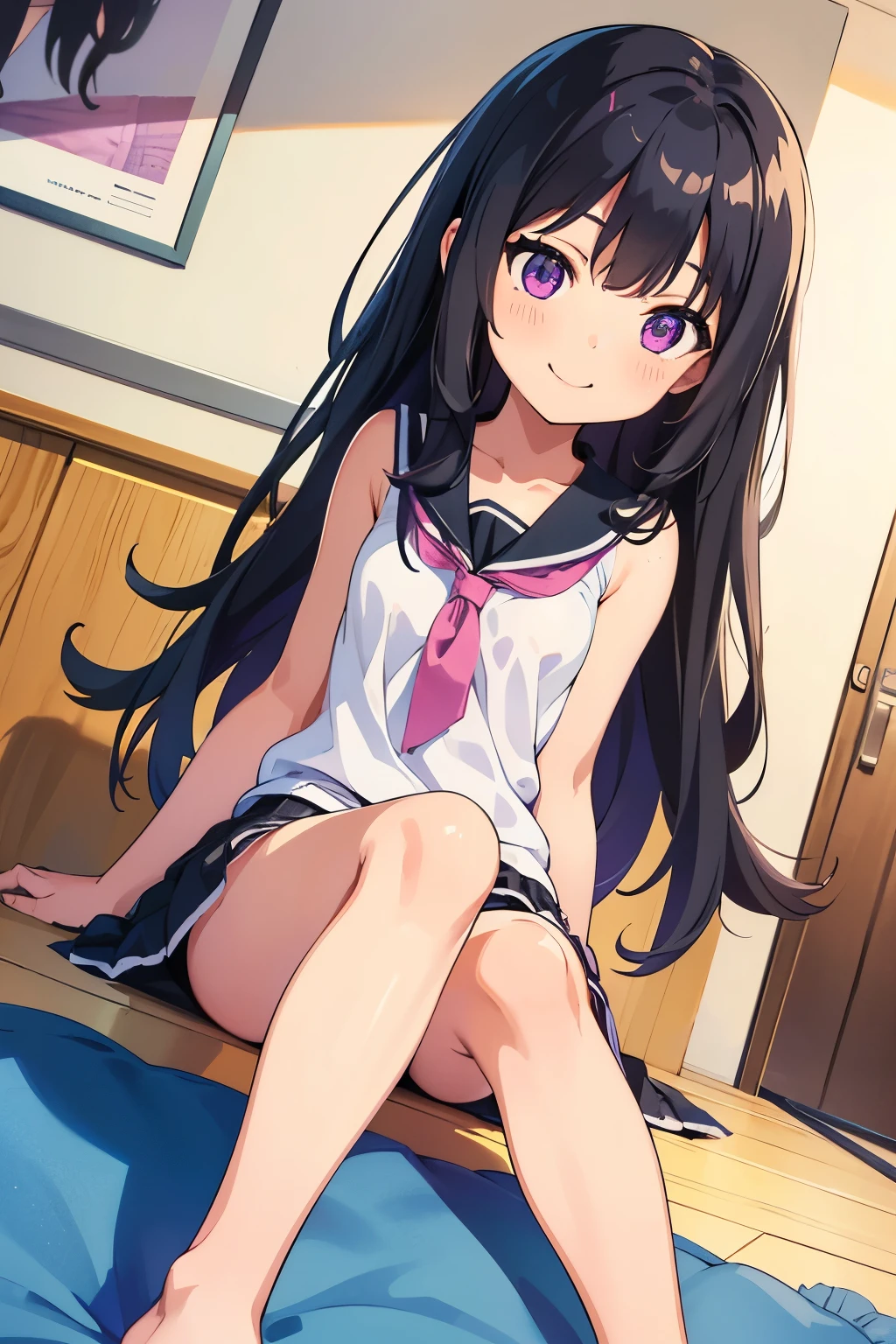 Elementary school girl, 8 years old, A cup breasts, black hair, long hair, purple eyes, smiling face(one person) Pink sleeveless top Black mini skirt and white panties((I can see her panties)) Barefoot Girls Room Sitting on the floor Dynamic angle Low angle
