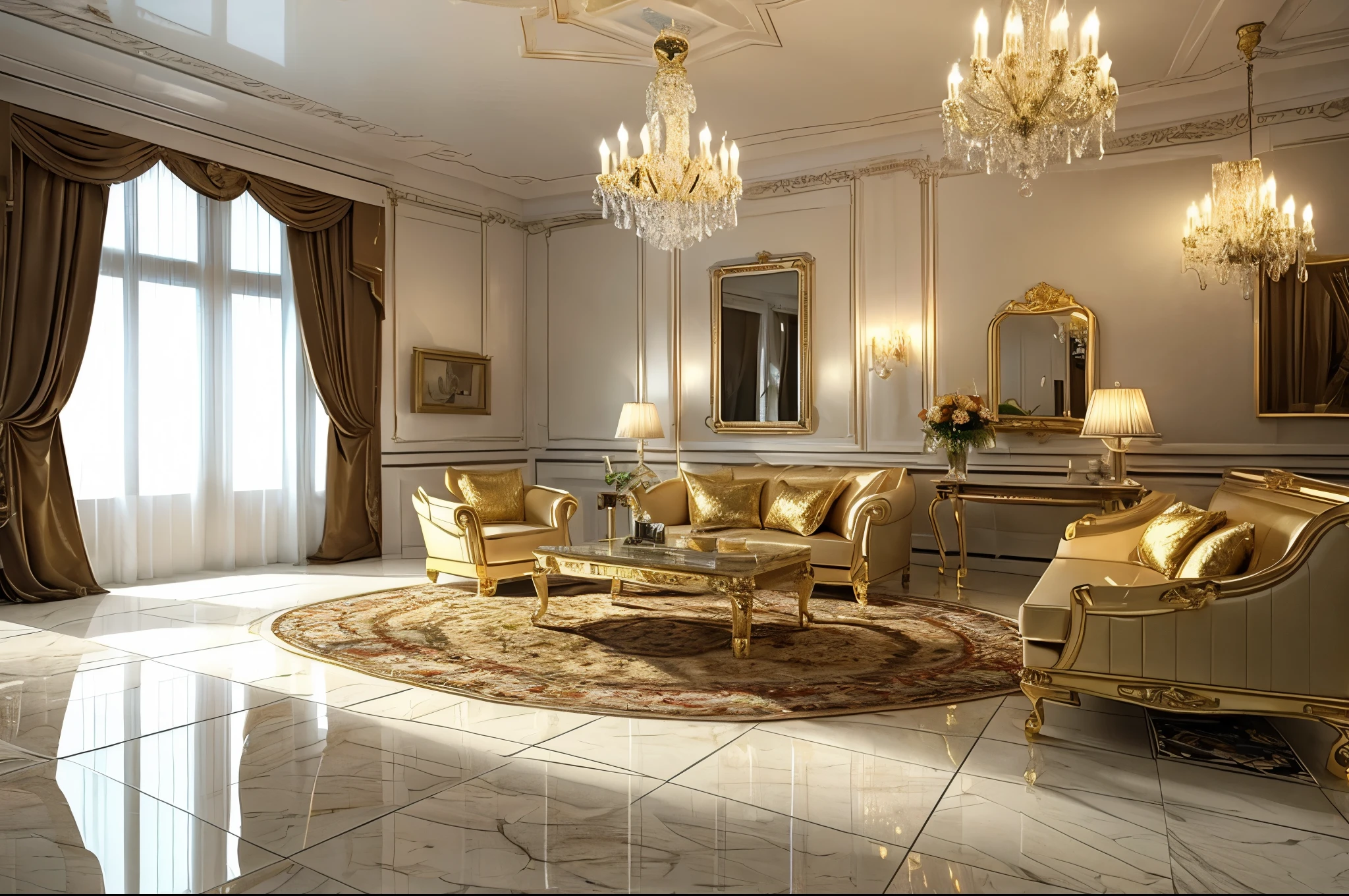 there is a white room with a couch, chairs, and a chandelier, a digital rendering, a 3D render, inspired by Hendrick van Balen, shiny marble floor, brightly lit white room, white room, wet reflective tile floor, marble floor
