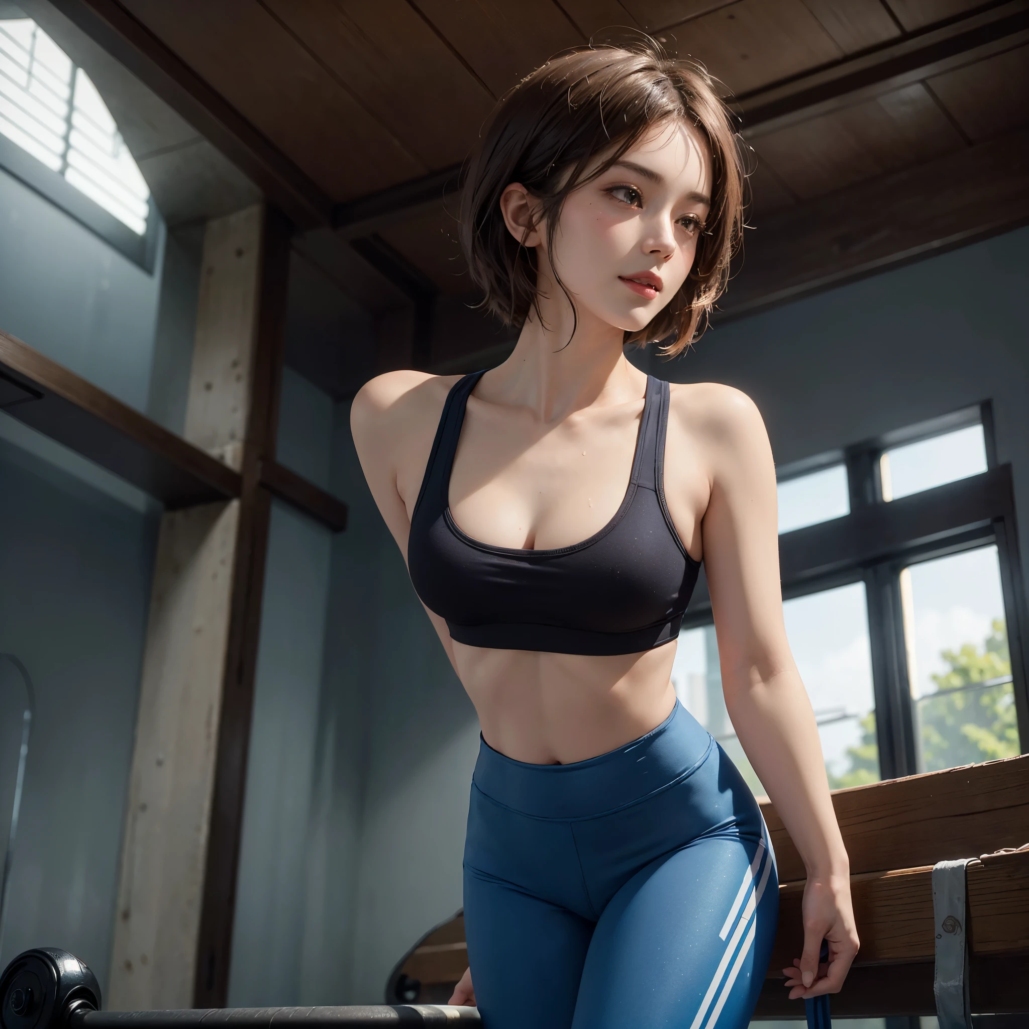 (1 Sexy Woman, Solo, Brown Hair, Short Hair, Wet Hair, sports wear, sports bra, short pants, gym, blue leggings, Smile:1.4), top-quality, ultra-detailliert, masterpiece, realisitic, (Detailed Eyes, small and slightly plump lips, Beautiful Legs, thighs exposed, Beautiful Eyes, glossy lip, abdominals, cleavage:1.2), (From Below, Cowboy Shot:1.2), (Extremely-Close-up:1.3), (Beautiful gym, Morning), ((anatomically correct)), (Futuristic Portrait), 1 girl only, Shining ultra high resolution beautiful skin, Rim Lighting, Cinematic Light, Look at viewer, no futuro telhado de luz neon, SSCI - FI e Fantasia, intrincado e muito bonito e elegante, altamente detalhado, pintura digital, art-station, arte conceitual, smooth and sharp focus, illustration, Arte de Tan Zi e Ayanamikodon e Alphonse Mucha e Wlop