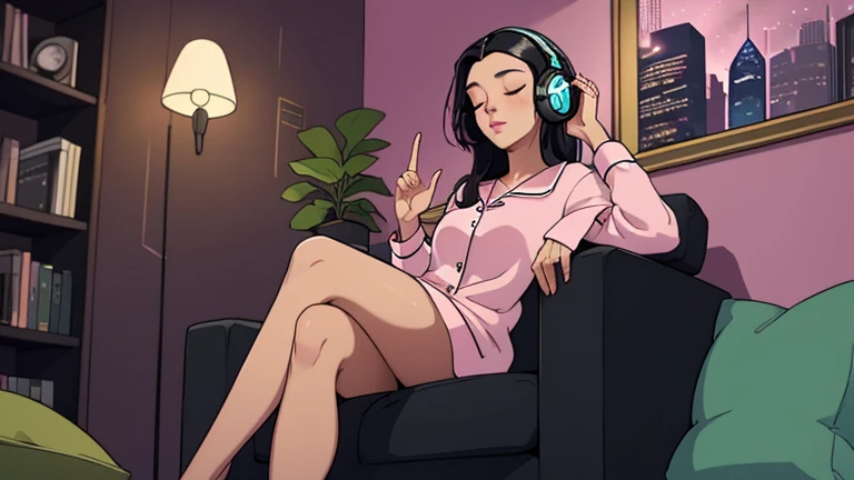 Beautiful woman in her 30s with black hair is sitting on the sofa with her eyes closed. and wearing headphones listening to music. Looking up, eyes closed, LOFI girl, alone in the room, pajamas cozy wallpaper, big cushion, bookshelf, relaxing mood, night core, cozy, wide glass window with skyscrapers, outside view at night, only five fingers, dark room, pink wall, Long legs,