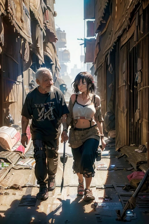 (8K), (Best Quality), (Mastepiece: 1.2) , (A couple with a walking through a slum: 2.2)、(Buckshot: 1.2)