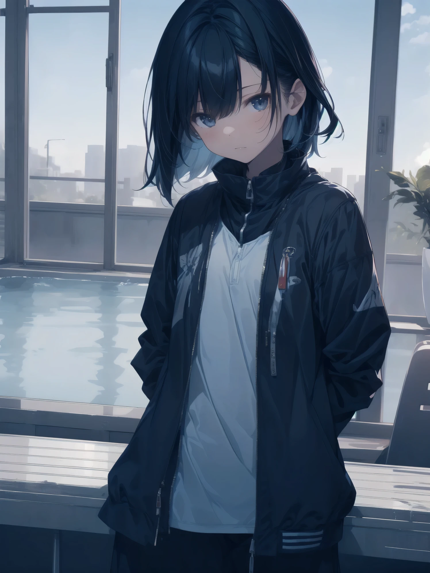 ultra-absurdres-Top quality by artist God, ultra-detailed, high resolution, anime moe artstyle, best anime 8k konachan wallpaper, pixiv contest winner, pool:2810, perfect anatomy,break,(Please draw a picture of a girl in a swimsuit sitting sleepily on a bench by the poolside alone.),break, 1girl, (Solo,lolita, little female,13-year-old:1.3),Full limbs, complete fingers,a junior high school student, androgynous charm, (very short hair), wet hair, small round chest,slender body, Small butt, groin, Small black eyes,hanme,beautiful detailed eyes, well-proportioned iris and pupils, sleepy eyes, highres detailed hair, wearing wet swimsuit,in the school pool. break,super detailed skin, Best cinematic lighting powered by famous artist, 8k,beauty illustration,photoshop_(medium),very aesthetic,break,((artist:nyantcha )), artist:clamp ,artist:carnelian ,artist:kantoku ,