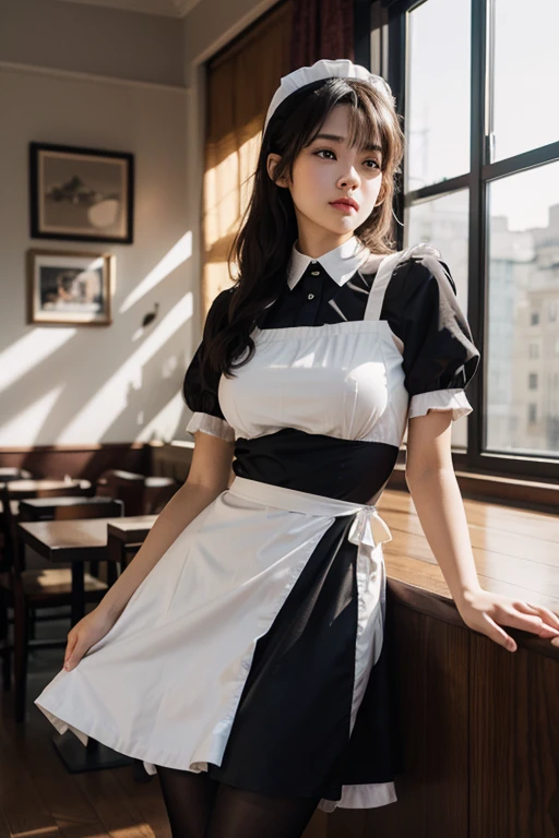 
Close-up of a woman wearing a maid outfit, masterpiece, realistic, sharp focus, (realistic:1.3), ultra high res, 8k, RAW photo, best quality, detailed shadow, amazing, finely detail, sharp focus, (shine light on face:1), (Volumetric lighting:1.4), 1 girl, long hair, black hair, large breasts, heart-shaped face,Full lips,(maid:1.4), black pantyhose, loafers, standing, cafe, from below, looking at viewer