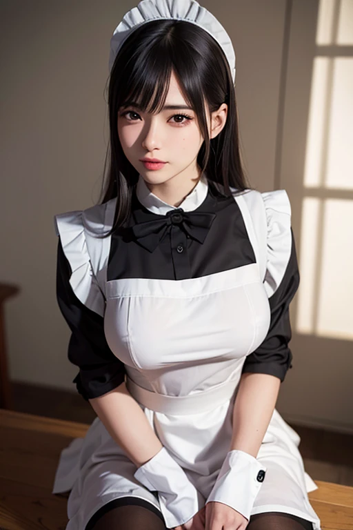 
Close-up of a woman wearing a maid outfit, masterpiece, realistic, sharp focus, (realistic:1.3), ultra high res, 8k, RAW photo, best quality, detailed shadow, amazing, finely detail, sharp focus, (shine light on face:1), (Volumetric lighting:1.4), 1 girl, long hair, black hair, large breasts, heart-shaped face,Full lips,(maid:1.4), black pantyhose, loafers, standing, cafe, from below, looking at viewer